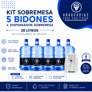 Pack 5 Bidones de Agua Purificada 20 Litros + Dispensador Sobremesa