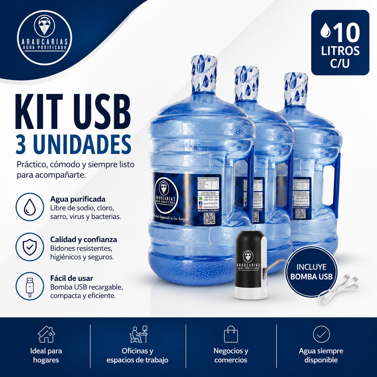 Kit Liviano 3: Dispensador USB + 3 Bidones 10L | Aguas Araucarias