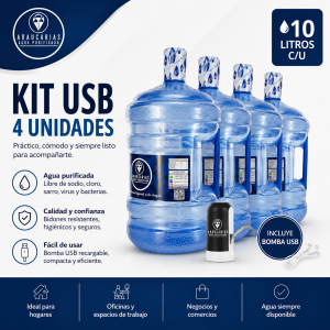 Kit Liviano 4 : Dispensador USB + 4 Bidones 10L | Aguas Araucarias